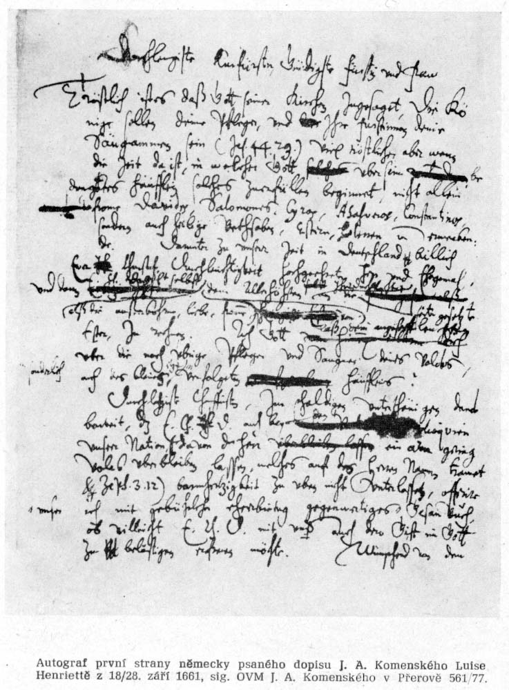 Německý dopis Komenského Luise  Henriettě, 1661,    Muzeum  J. A. Komenského v Přerově,  sign. 561/77      